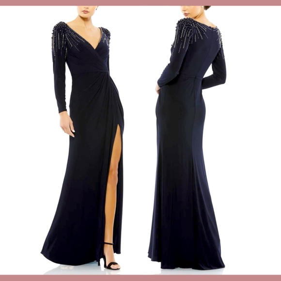 NWT $398 Mac Duggal [ 18 ] Embellished Accents‎ Faux Wrap Jersey Gown Blue - Picture 2 of 15